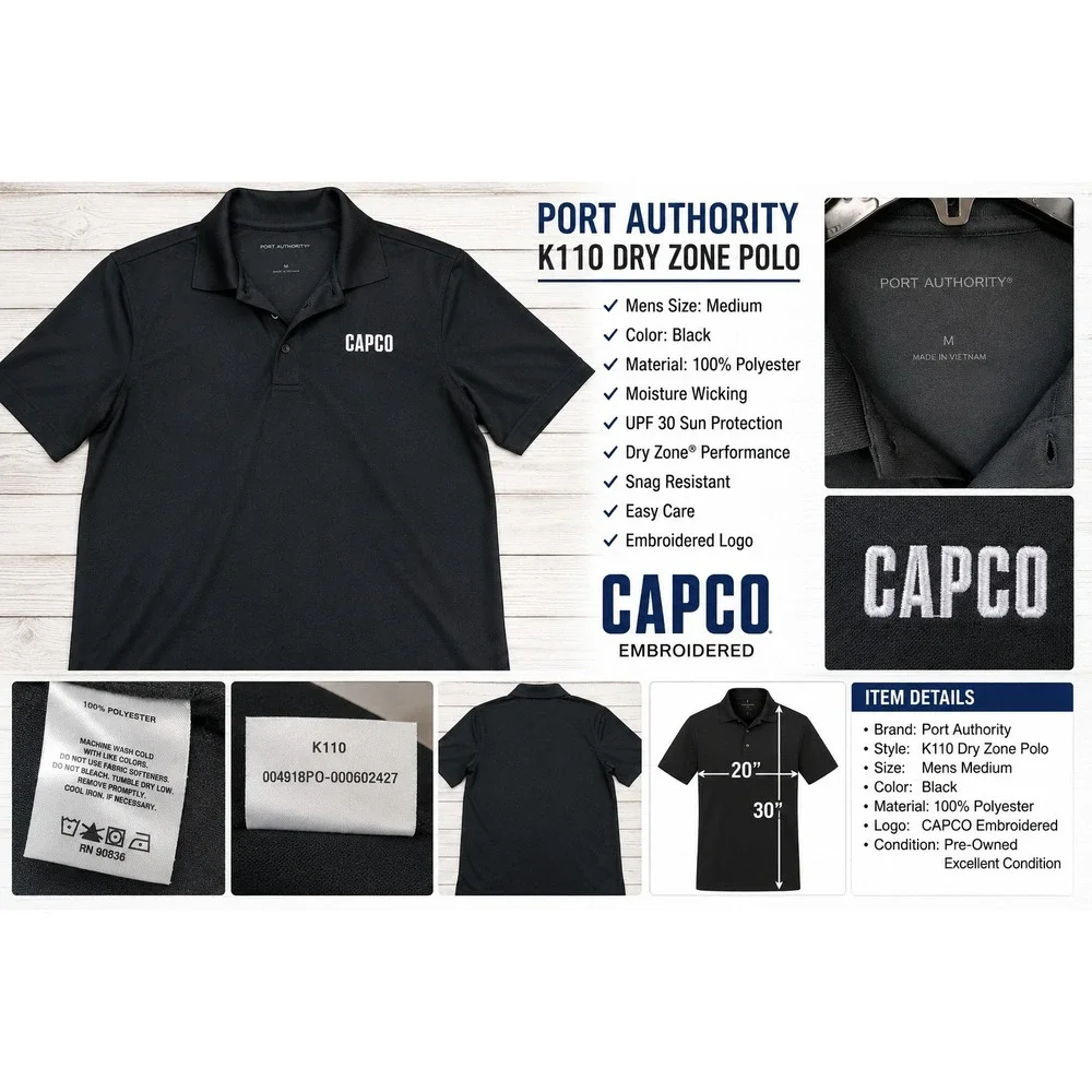 Port Authority K110 Dry Zone Polo Mens Medium Black CAPCO Embroidered Logo Shirt